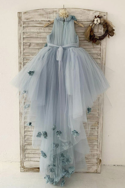 Dusty Blue Tulle Hi Low Wedding Flower Girl Dress Kids Party