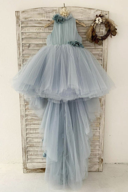 Dusty Blue Tulle Hi Low Wedding Flower Girl Dress Kids Party