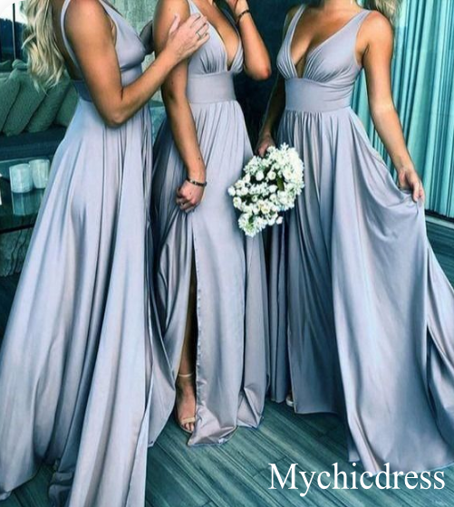 Backless Long Beach V-Neck Gold Bridesmaid Dresses Slit Side