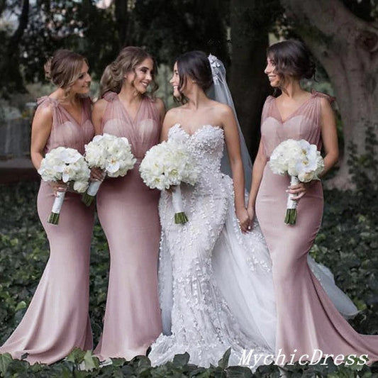 Roycebridal Simple Dusty Pink Wedding Guest Dress Boho Bridesmaid Dresses Tulle Straps