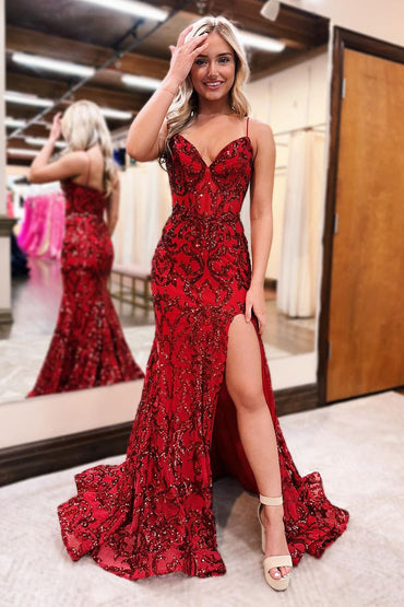 Roycebridal Red V Neck Sequins Lace Mermaid Prom Dresses with Slit