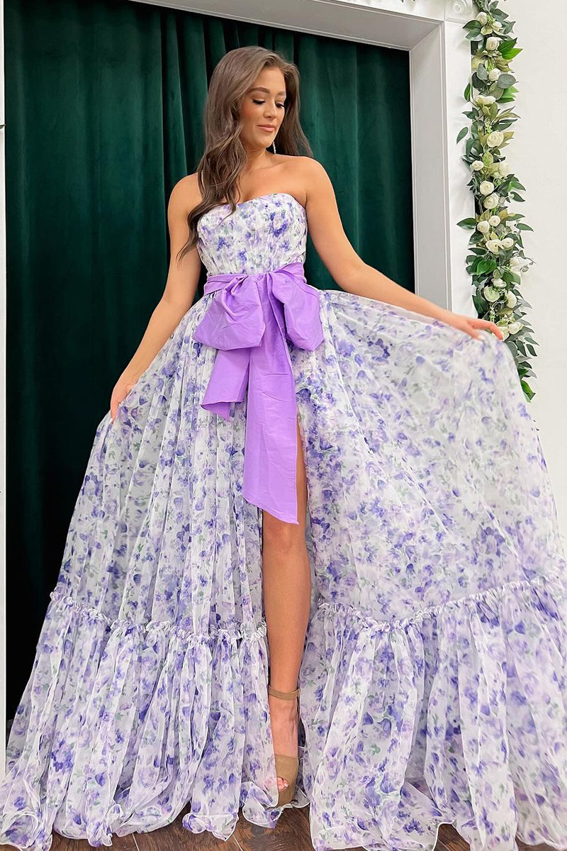 Roycebridal Chic Floral Printed Chiffon Strapless Long Prom Dresses with Slit