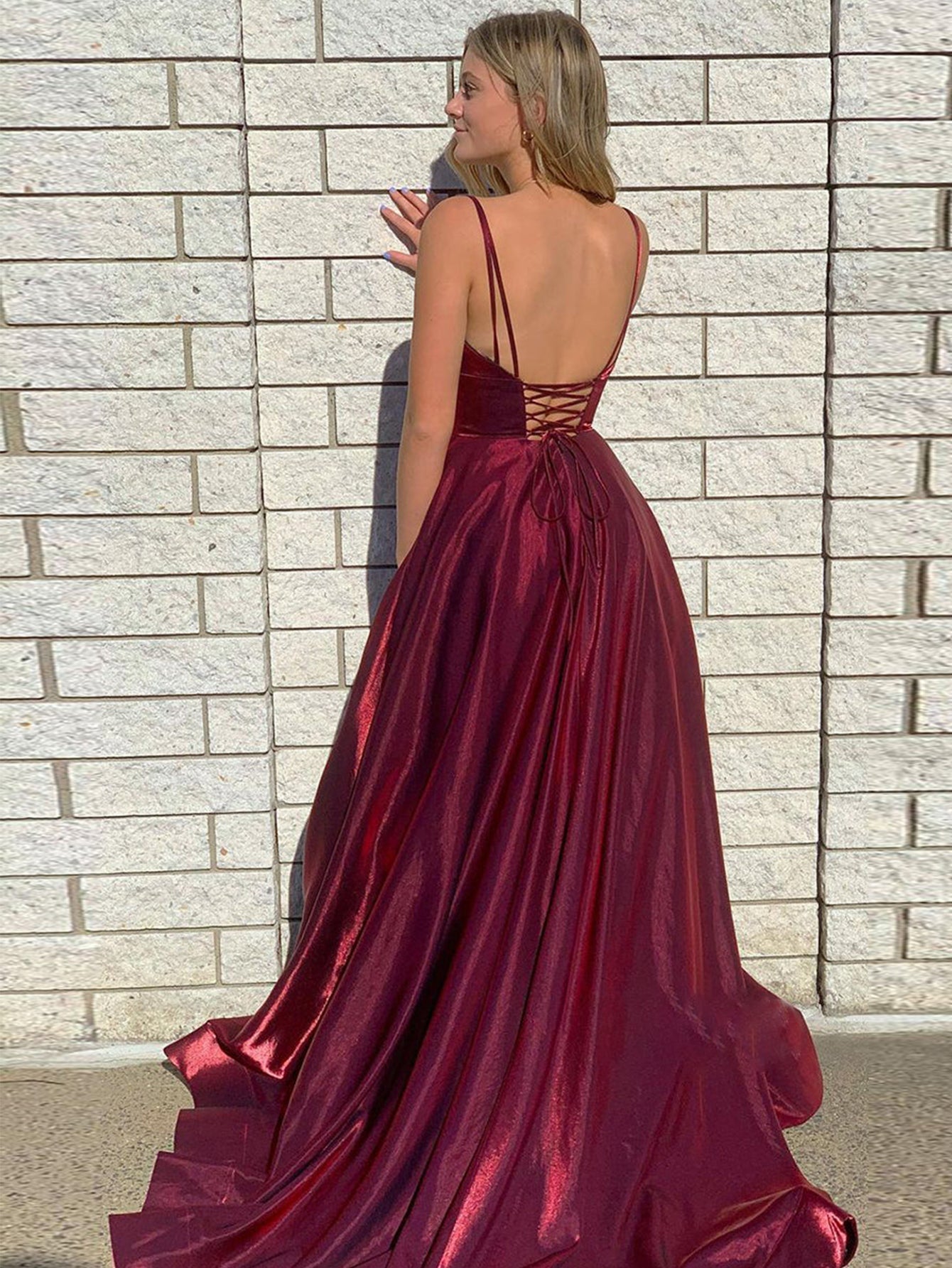 Roycebridal DarkRed Satin A Line Tight Long Prom Dress With Slit