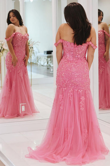 Roycebridal Suzanne | Pink Mermaid Off the Shoulder Tulle Long Prom Dress with Appliques