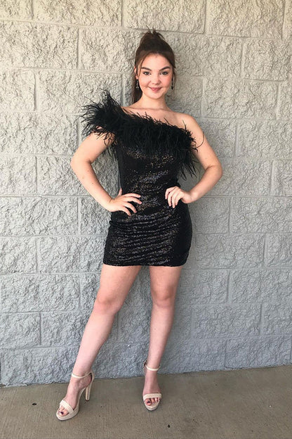 Fashion Black One Shoulder Feather Sequins Short Homecoming Dresses