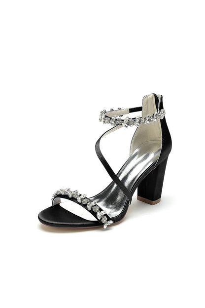 Open Toe Rhinestone Beaded Ankle Strap Chunky Heels