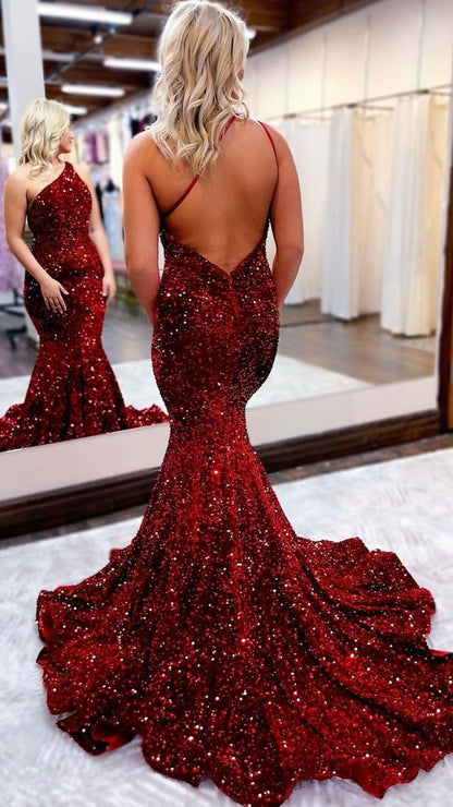 Roycebridal Jessica |Mermaid One Shoulder Sequins Backless Prom Dress