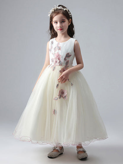 Ecru White Jewel Neck Princess Dress Beaded Embroidered Formal Kids Pageant dresses-showprettydress