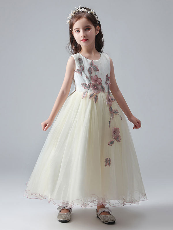 Ecru White Jewel Neck Princess Dress Beaded Embroidered Formal Kids Pageant dresses-showprettydress