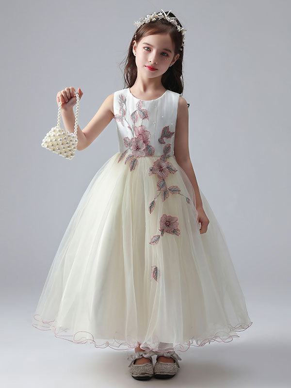 Ecru White Jewel Neck Princess Dress Beaded Embroidered Formal Kids Pageant dresses-showprettydress