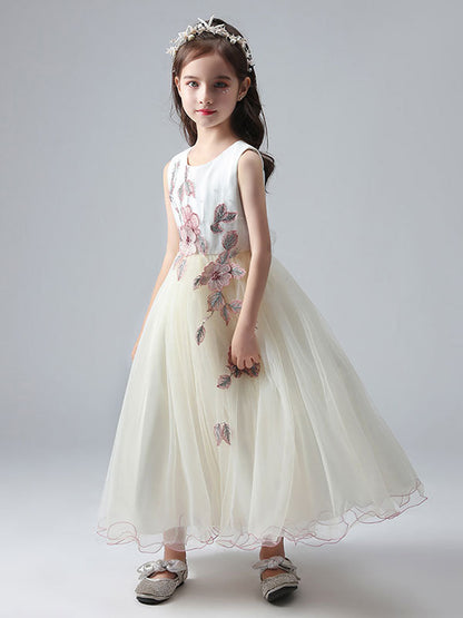 Ecru White Jewel Neck Princess Dress Beaded Embroidered Formal Kids Pageant dresses-showprettydress