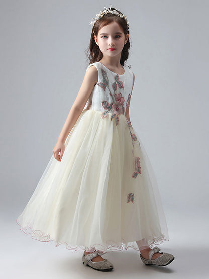 Ecru White Jewel Neck Princess Dress Beaded Embroidered Formal Kids Pageant dresses-showprettydress