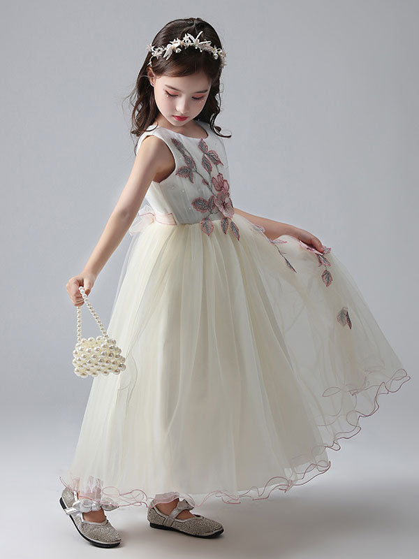 Ecru White Jewel Neck Princess Dress Beaded Embroidered Formal Kids Pageant dresses-showprettydress