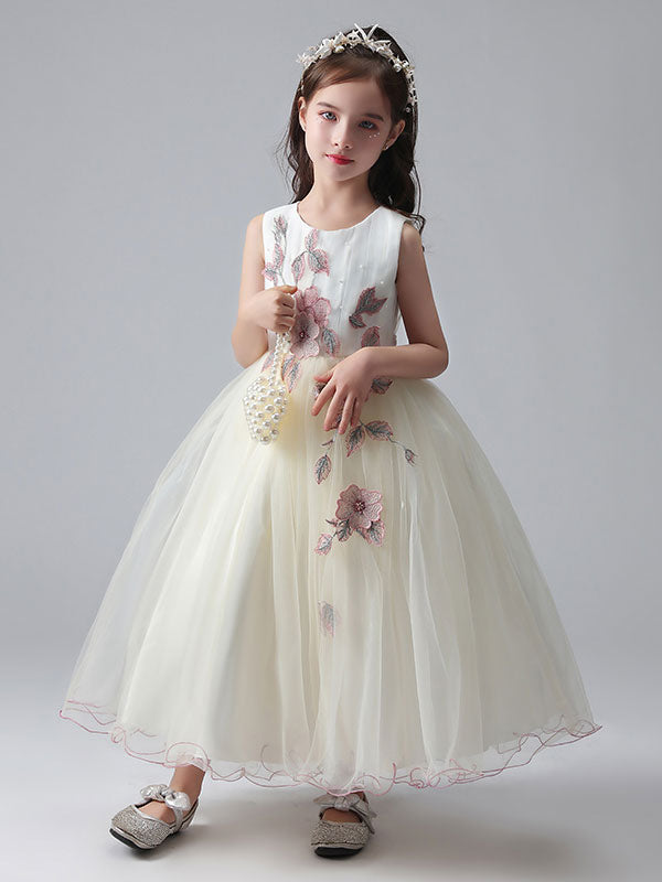 Ecru White Jewel Neck Princess Dress Beaded Embroidered Formal Kids Pageant dresses-showprettydress