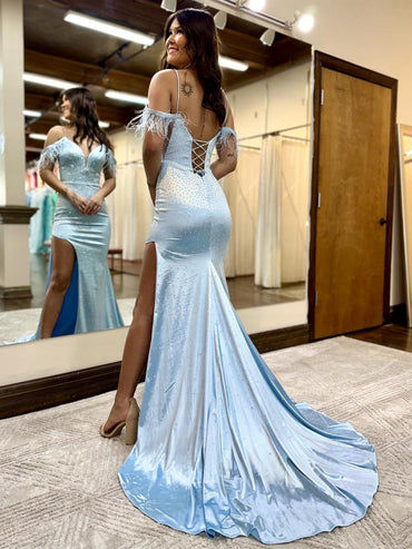 Roycebridal Blue Glitter Feather V Neck Long Prom Dress with Slit