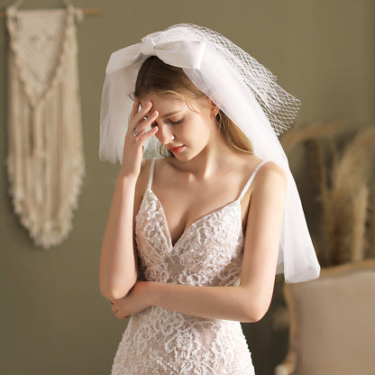 Elbow Length Mesh Veil with Bow-Accessories-Viniodress-Ivory-Viniodress