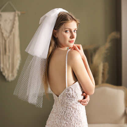 Elbow Length Mesh Veil with Bow-Accessories-Viniodress-Ivory-Viniodress