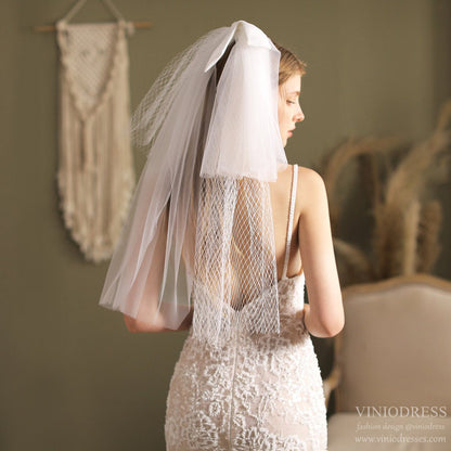 Elbow Length Mesh Veil with Bow-Accessories-Viniodress-Ivory-Viniodress