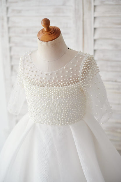 Elbow Sleeves Beaded Neoprene Tulle Wedding Flower Girl 