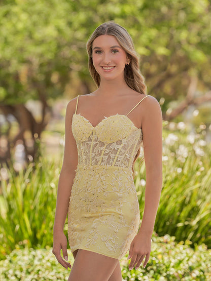 Ellie |  Yellow Spaghetti Straps Tight Short Homecoming Dress with Appliques