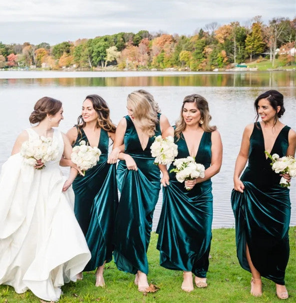 Roycebridal Long Winter Green Velvet Bridesmaid Dresses UK Deep V Neck Dress