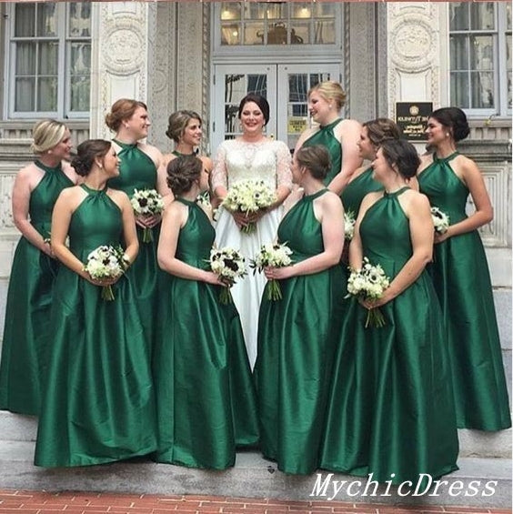 Roycebridal A Line Halter Emerald Green Bridesmaid Dresses Satin Wedding Guest Dresses