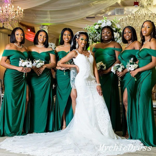 Roycebridal Sexy Black Girl Emerald Green Bridesmaid Dresses Off Shoulder Mermaid Soft Satin