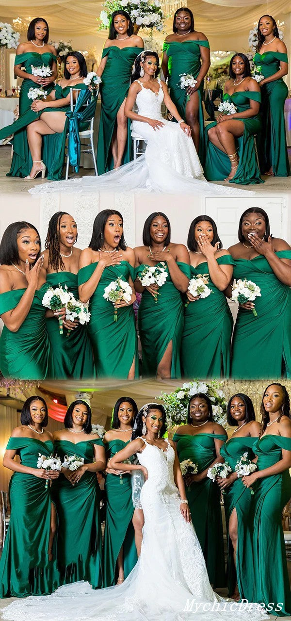 Roycebridal Sexy Black Girl Emerald Green Bridesmaid Dresses Off Shoulder Mermaid Soft Satin