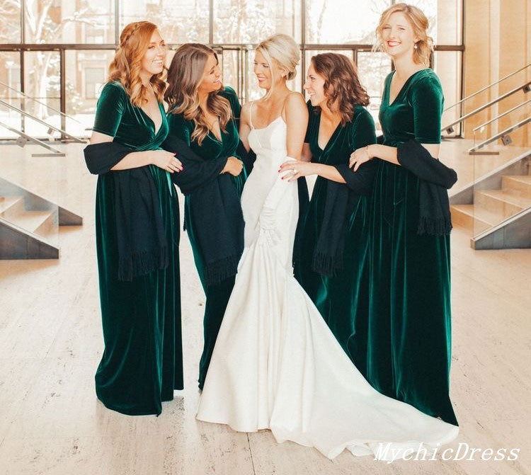 Roycebridal Winter Emerald Green Bridesmaid Dresses Velvet Wedding Guest Dress Short Sleeves