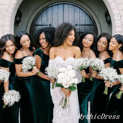 Roycebridal Cheap Long Bridesmaid Dresses Emerald Green Mermaid Off Shoulder Wedding Guest Dress