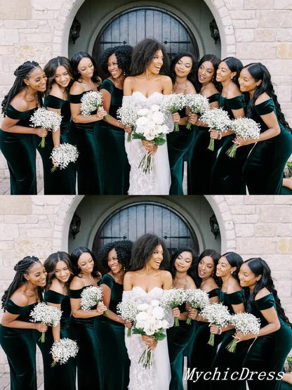 Roycebridal Cheap Long Bridesmaid Dresses Emerald Green Mermaid Off Shoulder Wedding Guest Dress