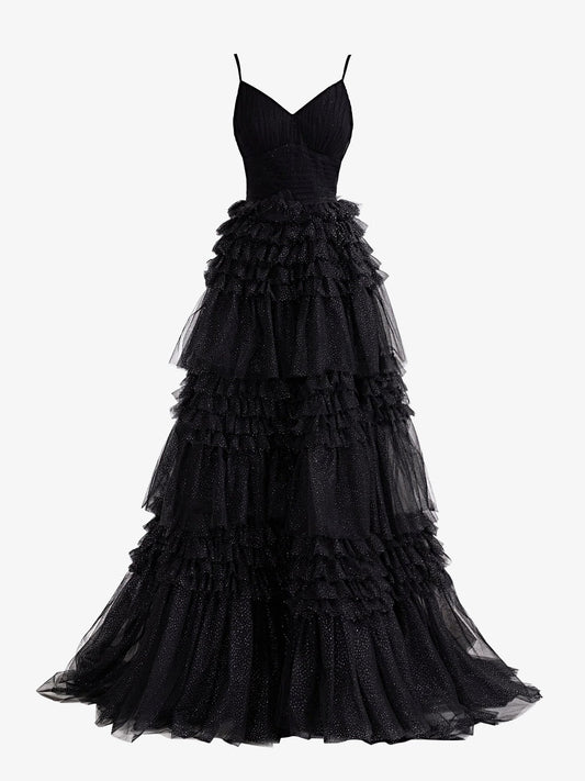 Roycebridal Emerson | Black A-Line Deep V Neck Tiered Long Glitter Tulle Prom Dress