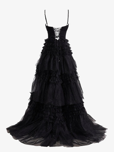 Roycebridal Emerson | Black A-Line Deep V Neck Tiered Long Glitter Tulle Prom Dress