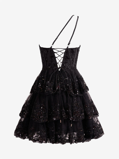 Emma | Black A Line One Shoulder Navy Tiered Lace Short Homecoming Dress