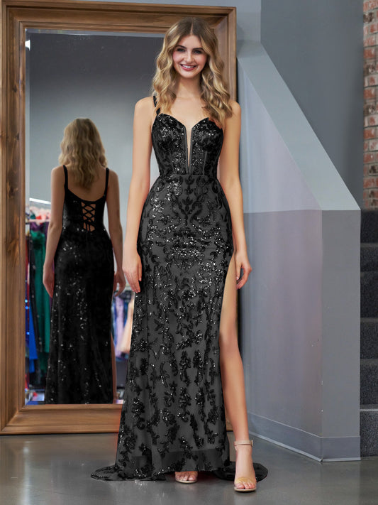 Roycebridal Erryn | Black Sheath Sequins Long Prom Dress with Slit