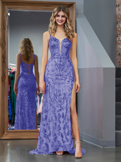 Roycebridal Erryn |Purple Sheath Sequins Long Prom Dress with Slit