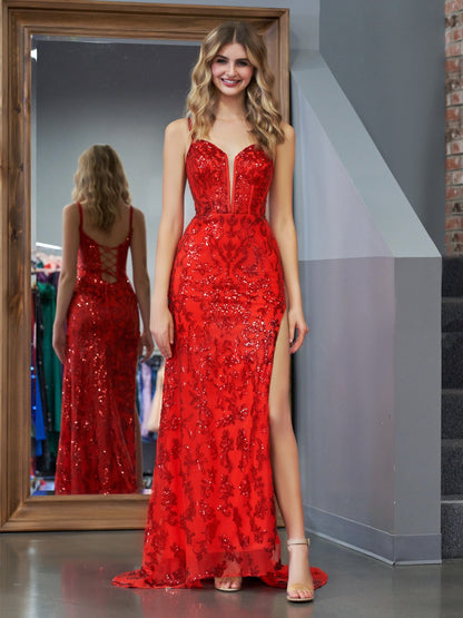 Roycebridal Erryn | Red Sheath Sequins Long Prom Dress with Slit