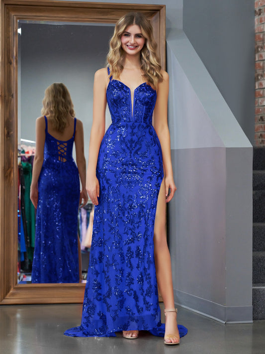 Roycebridal Erryn |Sparkly Blue Sheath Sequins Long Prom Dress with Slit