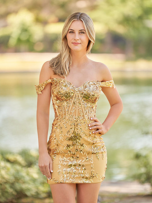 Erykah | Short Off the Shoulder Sheath Gold Kace Corset Homecoming Dresses