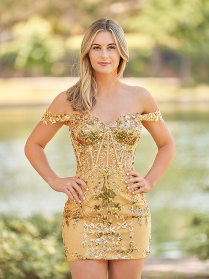 Erykah | Short Off the Shoulder Sheath Gold Kace Corset Homecoming Dresses