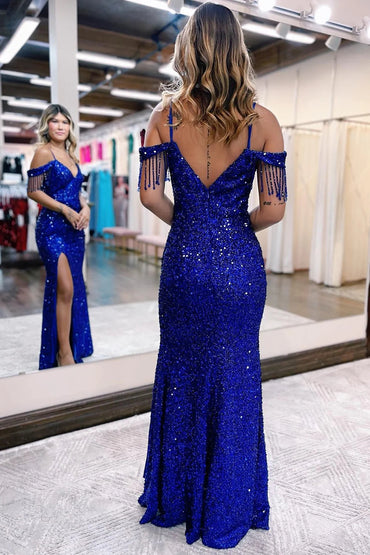 Roycebridal Edith |Mermaid Off the Shoulder Sequins Prom Dress with Fringe