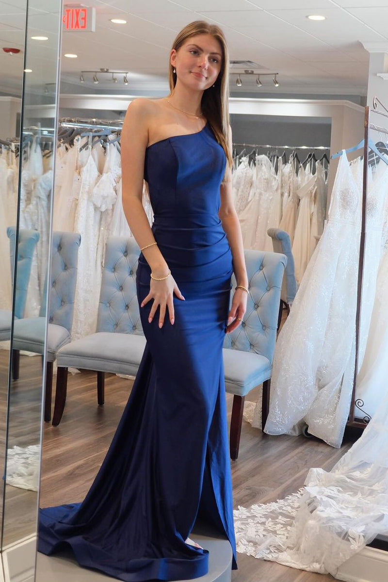 Roycebridal Simple Mermaid One Shoulder Navy Blue Satin Long Prom Dresses