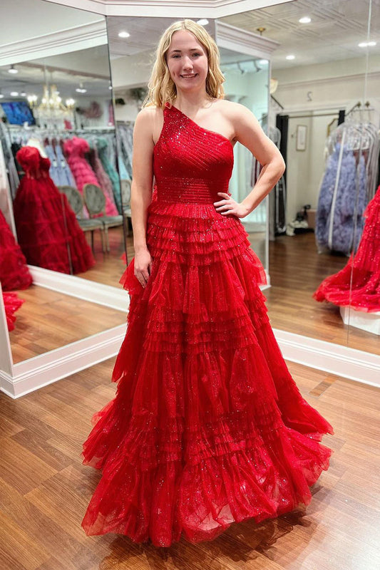 Roycebridal Sparkly Red One Shoulde Ruffle Tulle A-Line Long Prom Dresses