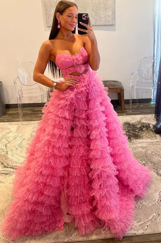 Roycebridal Reyna |Ball Gown Sweetheart Pink Tiered Printed Tulle Prom Dress