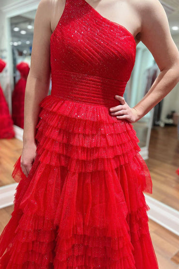 Roycebridal Sparkly Red One Shoulde Ruffle Tulle A-Line Long Prom Dresses