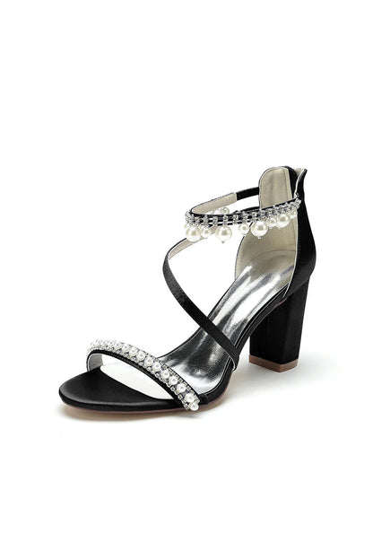 Elegant Single Strap Pearl Beaded Chunky Heels