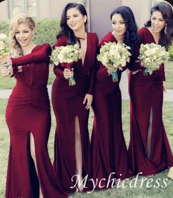 Roycebridal Fall Wedding Guest Dress Emerald Green Bridesmaid Dresses Long Sleeves V Neck