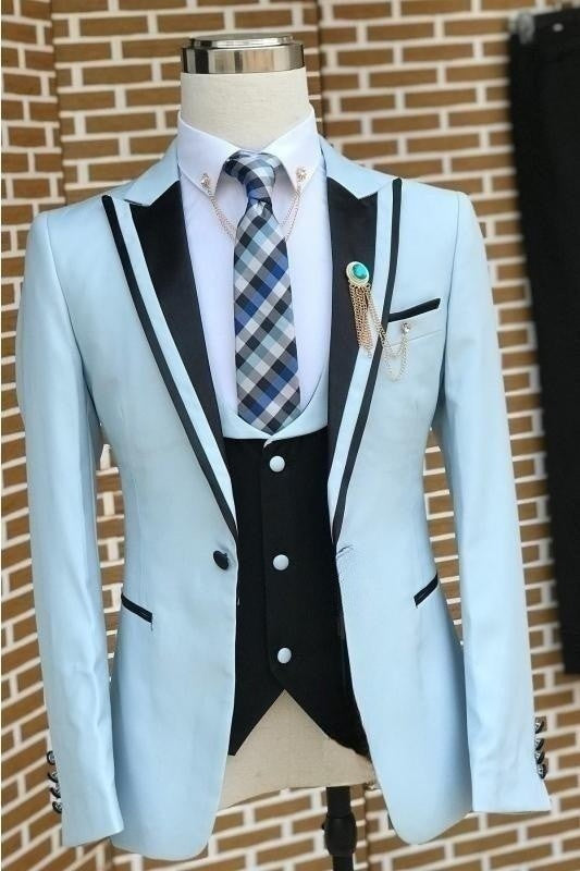 Christ Fancy Light Blue Three Pieces Prom Suits With Black Lapel