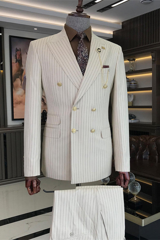 Arlen Fancy White Striped Peaked Lapel Two Pieces Prom Men Suits