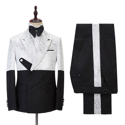 Fashion Black and White Jacquard Peaked Lapel Men Suits Online-showprettydress